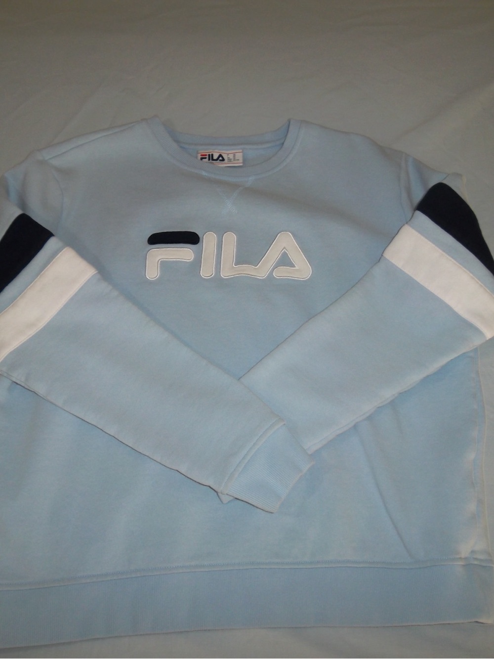FILA Men's Light Blue Crewneck with White Logo and Navy Stripe